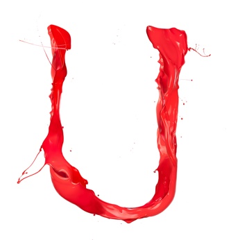Red paint splash letter “U” isolated on white background